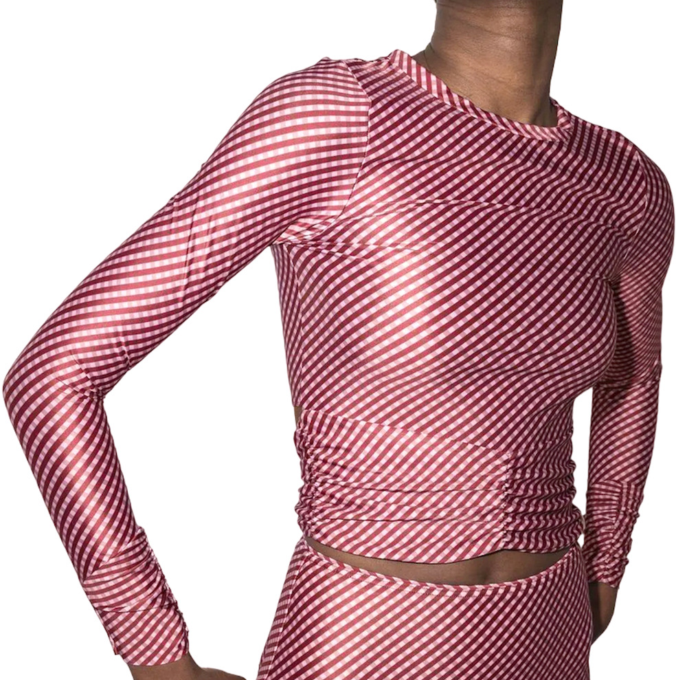 PEONY GINGHAM CHECK CROP LONG SLEEVE BIKINI SWIM TOP FREE PEOPLE RASH GUARD XS